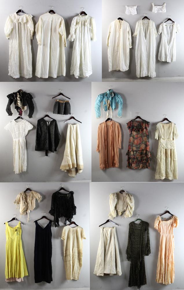 19th/20th Century Women's Clothing: Group of miscellaneous 19th/early 20th century clothing items to include skirts, dresses, nightgowns, etc., large storage bin full. To benefit a local Massachusetts museum.
