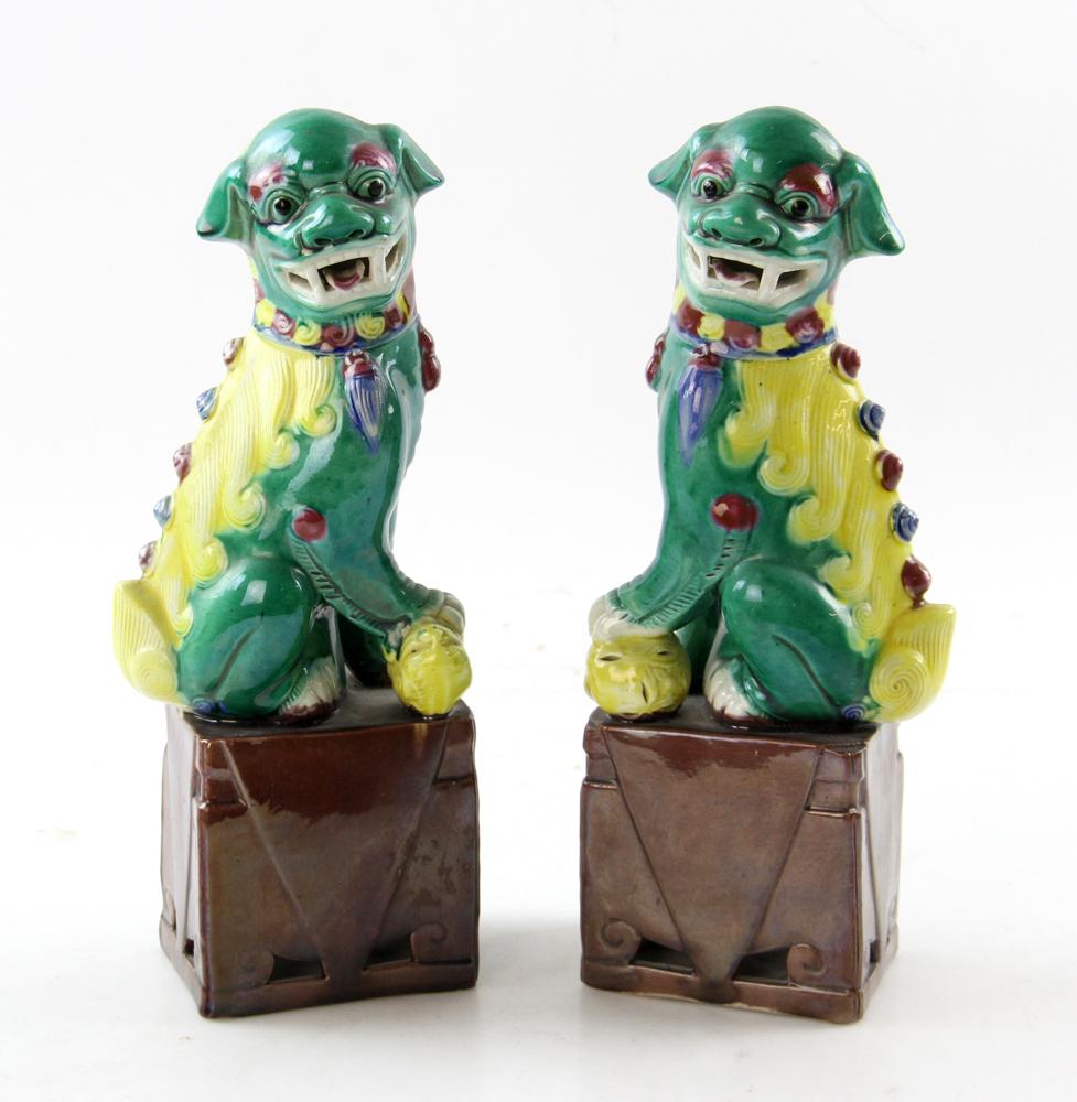 Pair of Chinese Foo Dogs: Pair of Chinese glazed Foo dogs 10"H.