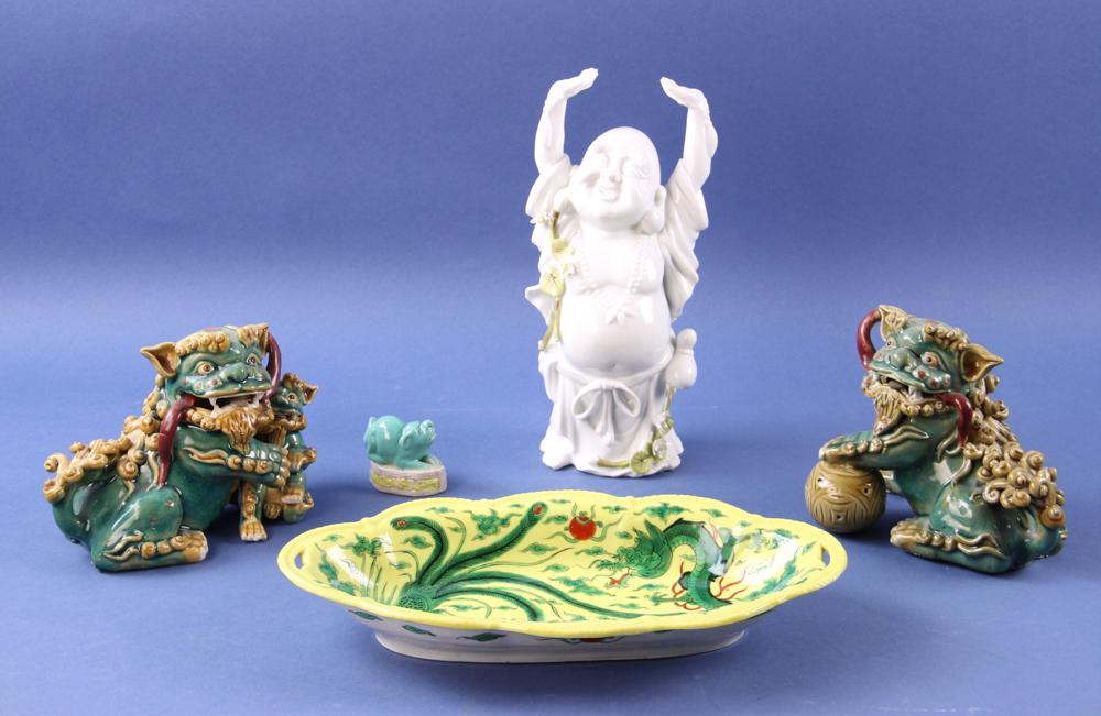 Lot of (5) Chinese Antiques: Lot of (5) Chinese antiques to include: Pair of glazed Foo dogs 5"H, Chinese Dragon Tray 12" L, White Porcelain Happy Buddha 10"H, single mini Foo dog 2" H.