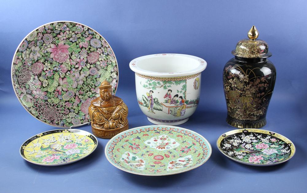 Lot of (6) Chinese and Japanese Antiques: Lot of (6) Chinese and Japanese Antiques to include: Pair of Japanese Plates, Jardiniere, biscuit jar Chinese man decoration, Rose Famille plate and bowl.