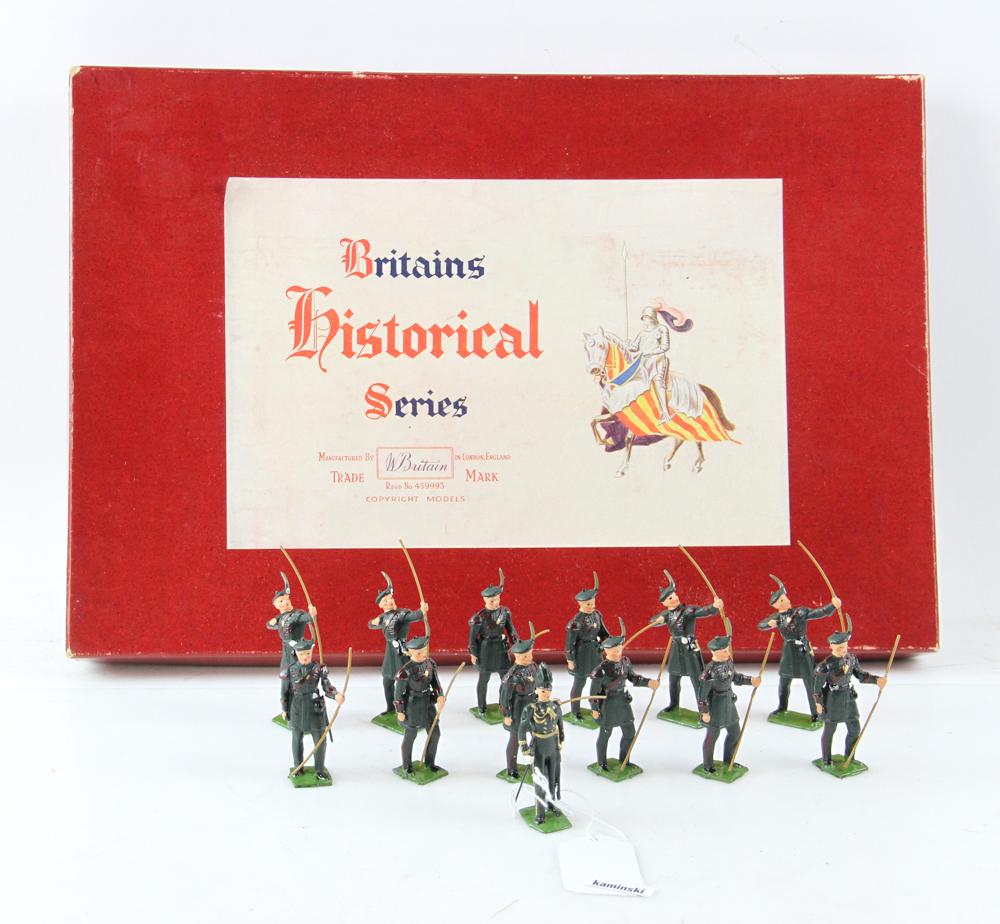 Toy Soldiers: Britain's #2079 Royal Company of Archers 13 pcs Solid ROAN box with tie card. The toy soldier lots of our February 2021 Auction are comprised of primarily post war William Britain's boxed sets. All fi