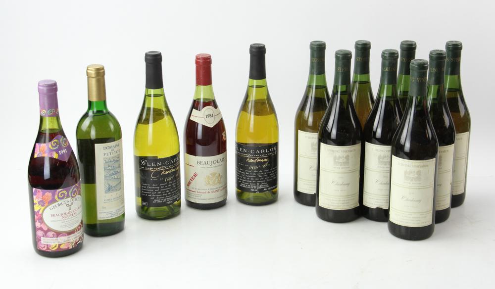 Wine Lot of (13) Bottles: Wine Lot of (13) including: Sterling Chardonnay 1981 8 bottles, Cotes de Duras 1992 1 bottle, Georges Duboeuf 1991 1 bottle, Glen Carlou Chardonnay. 1997 2 bottle and Beaujolais St Aubin. 1984 1 bottl