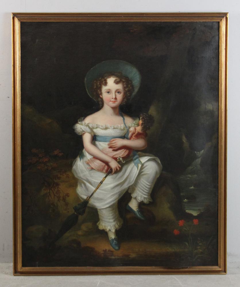 Oil Portrait of a Young Girl: Oil paint portrait of a young girl. 50" x 40", framed 43 x 53 1/2. Provenance: From the estate of Gregory and Katherine Sullivan of Dover, MA.