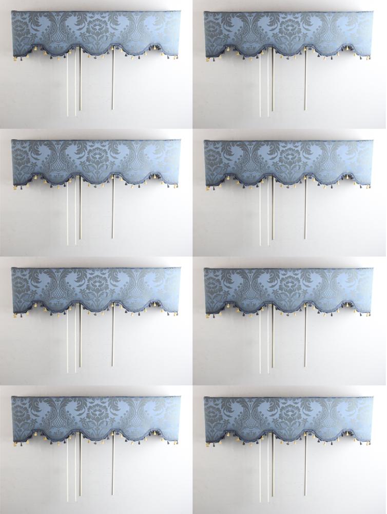 Lot of 8 Fortuny Window Valances: Lot of (8) Fortuny window valances, matching with Lot #6354. Provenance: From the estate of Gregory and Katherine Sullivan of Dover, MA.