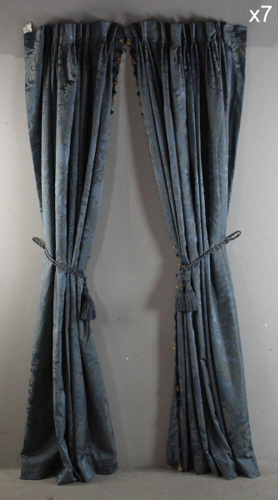 Fortuny Curtains: Lot of (14) panels and backs of Fortuny curtains, matching Lot #6353. Provenance: From the estate of Gregory and Katherine Sullivan of Dover, MA.