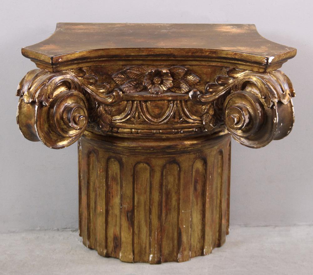 Gold Painted Carved Wooden Corinthian Capital: Gold-painted carved wooden Corinthian capital. Provenance: From the estate of Gregory and Katherine Sullivan of Dover, MA.