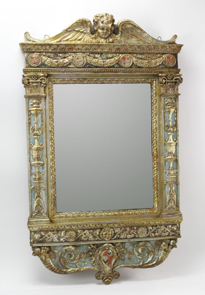Ornate Italian Mirror: Ornate Italian mirror with angel motif. Provenance: From the estate of Gregory and Katherine Sullivan of Dover, MA.