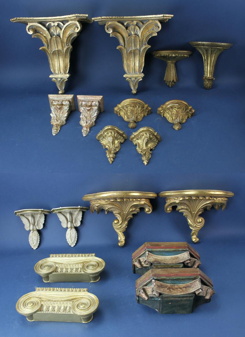 Wall Brackets, Lot of Eighteen: Wall bracket sets, lot of (18); (8) pairs and (2) singles. Provenance: From the estate of Gregory and Katherine Sullivan of Dover, MA.