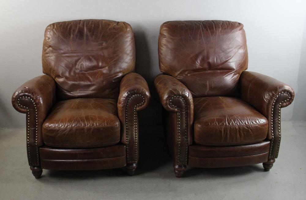Pair of Leather Recliners: Pair of leather recliners - brown. Provenance: From the estate of Gregory and Katherine Sullivan of Dover, MA.