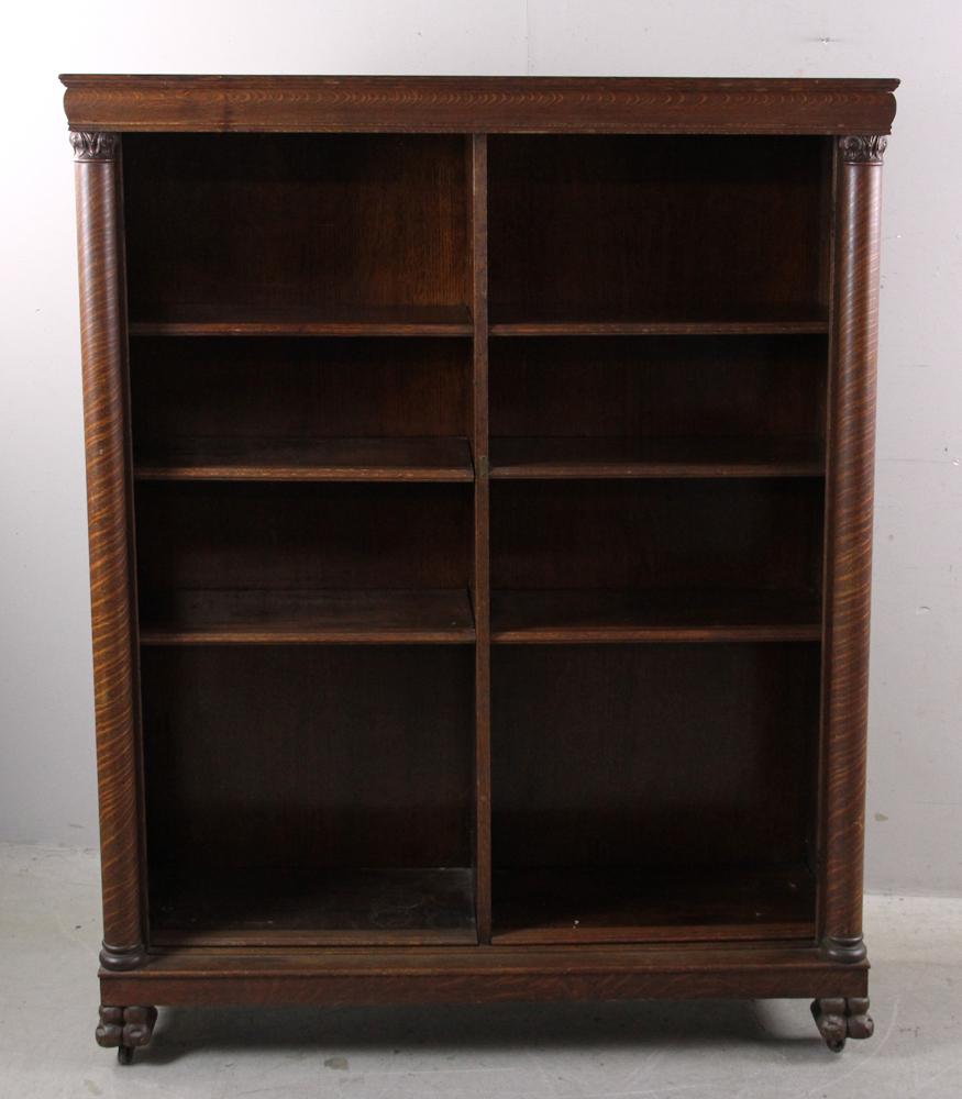 Oak Bookcase with Columns: Oak bookcase with columns-(Tiger Oak). Provenance: From the estate of Gregory and Katherine Sullivan of Dover, MA.
