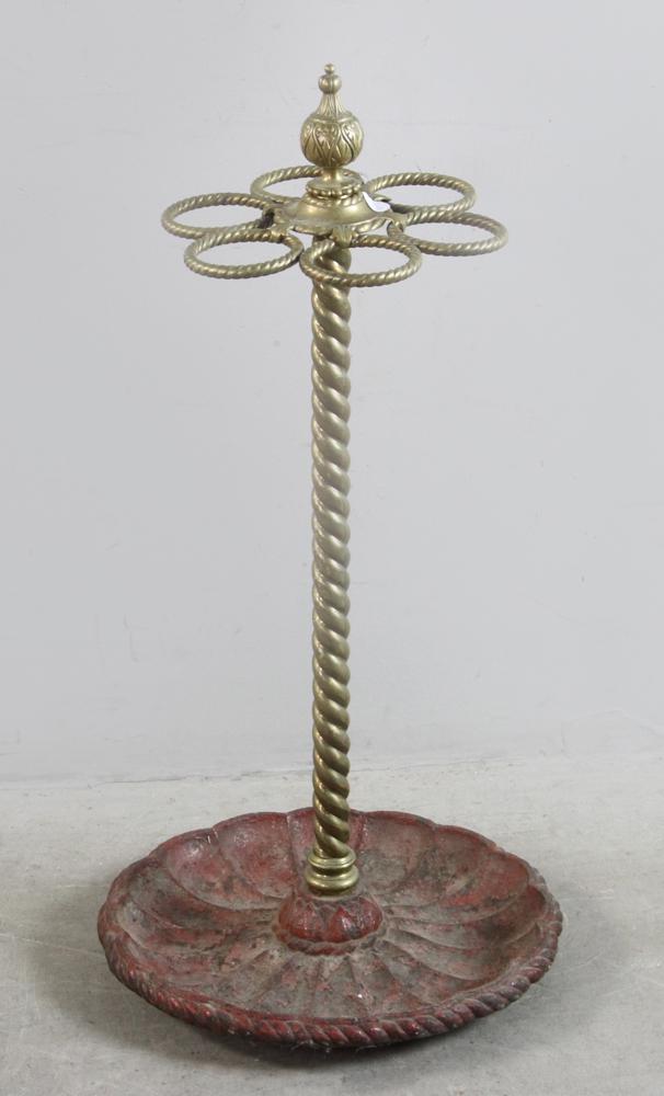 Brass Umbrella Stand: Brass umbrella stand with custom base. Provenance: From the estate of Gregory and Katherine Sullivan of Dover, MA.