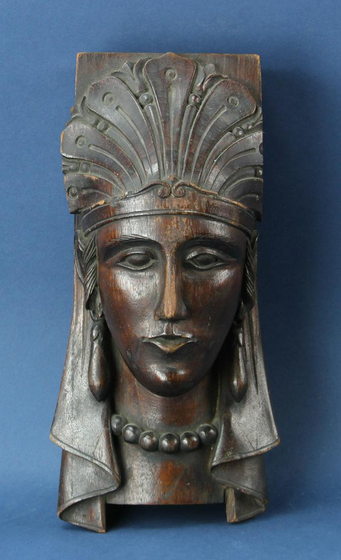 Carved Mahogany Indian Head: Carved mahogany Indian head. Provenance: From the estate of Gregory and Katherine Sullivan of Dover, MA.