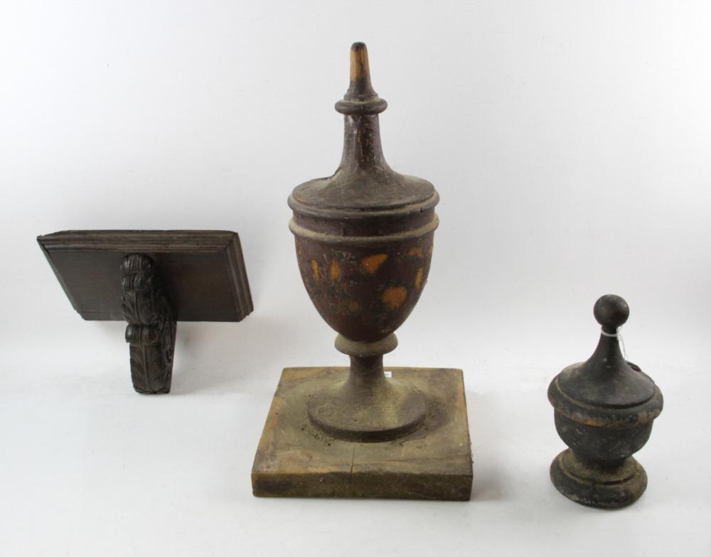 Two Early Wooden Finials and Shelf Bracket: Two early wooden finials and a shelf bracket. Provenance: From the estate of Gregory and Katherine Sullivan of Dover, MA.