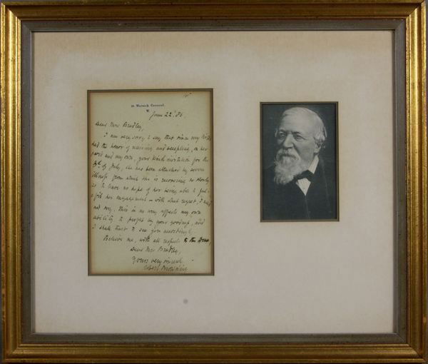 Autographed Signed Letter, Robert Browning: Autographed signed letter written by Robert Browning, dated June 22, 1886, letter 6 1/2" x 4 1/2" (sight), in frame 12 7/8" x 15". Fold line.