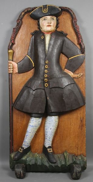 Attrb. Samuel Rob, 19th C. Folk Art Trade Sign: 19th Century sailor's Folk Art carved relief and paint-decorated footed trade sign, attributed to Samuel Rob, 37"h. x 17"w. Some nicks and scrapes to paint.