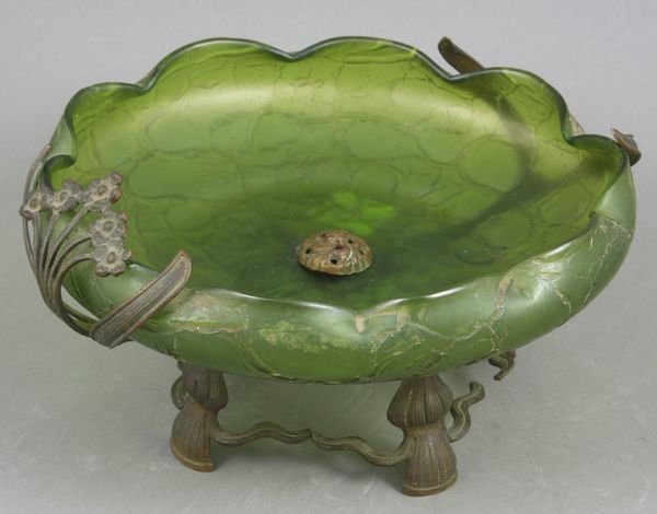 Loetz Glass Compote on Brass Mount: Loetz glass compote on brass mount, 4 1/2"h. x 8"d. Good condition.