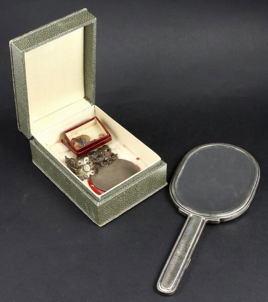 Silver Hand Mirror and Assorted Jewelry Items: Silver hand mirror, 10 1/2"l., and assorted jewelry items including pin, earrings, Taxco Mexico bracelet, etc.