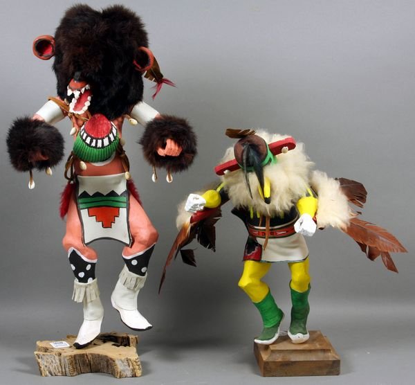 (2) Wood Kachina Dolls, Both Signed Jesse: Two (2) wood Kachina dolls, both signed Jesse, taller 21 1/2"h. Good condition.