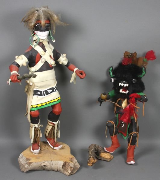 (2) Wood Kachina Dolls, One Signed Jesse: Two (2) wood Kachina dolls, smaller one signed Jesse, taller 21 1/2"h. Good condition.