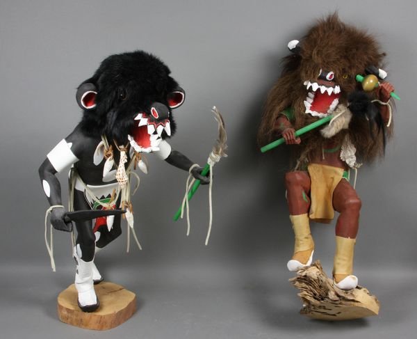 (2) Wood Kachina Dolls, One Signed Jesse: Two (2) wood Kachina dolls, one signed Jesse, each 21 1/4"h. One in good condtion; one with break to mouth.
