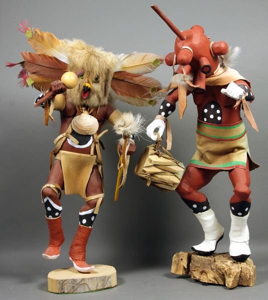 (2) Wood Kachina Dolls, One Signed Jesse: Two (2) wood Kachina dolls, one signed Jesse, each 21"h. Good condition.