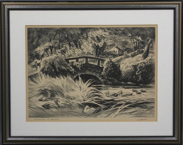 Lester Hornby, Landscape w/ Bridge, Print: Lester Hornby, landscape with river and bridge, print, signed in pencil, 11" x 14".