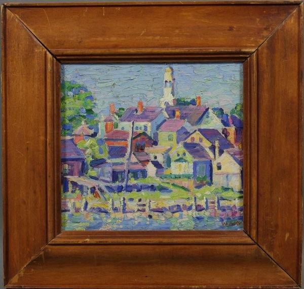 William Hazelton, Rockport Village, o/b: William B. Hazelton (American, 1879-1954), Rockport Village, o/b, initialed LR, identified verso and dated 1928, 7 1/2" x 8", in frame 12" x 12 1/2".