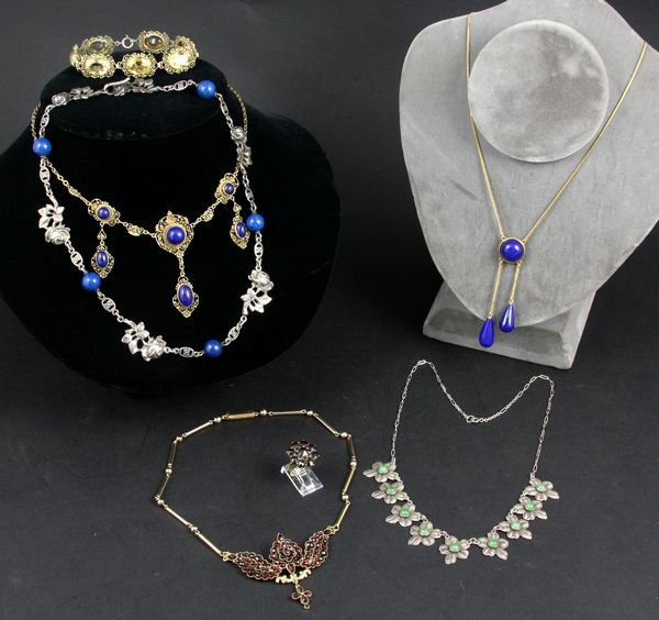 7-pc Jewelry Lot, Gold and Sterling, Lapis, etc.: Seven-piece jewelry lot, to include: sterling and lapis necklace signed A. Bianchi; garnet ring with 14k shank, size 6; 18k yellow gold and lapis necklace; sterling and lapis necklace; sterling and ci