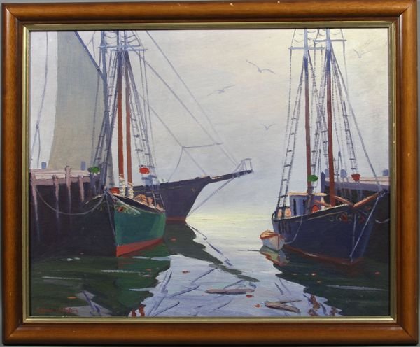 Clifford Gustafson, Boats at Gloucester, o/c: Clifford Gustafson (American, 1931-2008), boats in Gloucester harbor, o/c, 16" x 20", in frame 19" x 23".