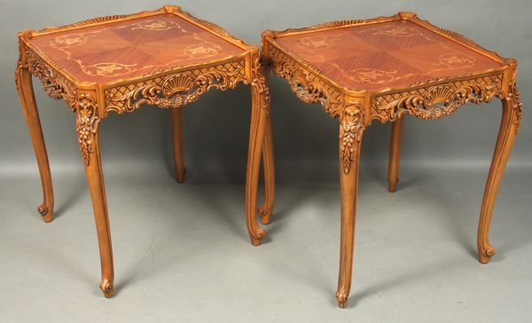Pair of Early 20th C. Marquetry Side Tables: Pair of Early 20th Century side table having marquetry inlaid tops, carved aprons and legs, 26"h. x 22"w. x 22"d. Good condition.
