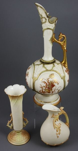 (3) pcs 19th C. Royal Worcester Blush Ivory: Three (3) pieces of late 19th Century Royal Worcester blush ivory, to include: figural handled ewer, 14 1/4"h., faint spider line on bottom, otherwise good condition; bulbous handled pitcher, 6"h., go