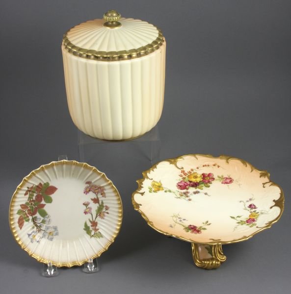 Three Pieces 19th/20th C. Royal Worcester: Three pieces of late 19th/early 20th Century Royal Worcester Porcelain to include; biscuit barrel dated 1890, 7 1/4"h. x 6"dia; low compote, 3 1/2"h.; shallow dish, 6"dia. All in good condition.