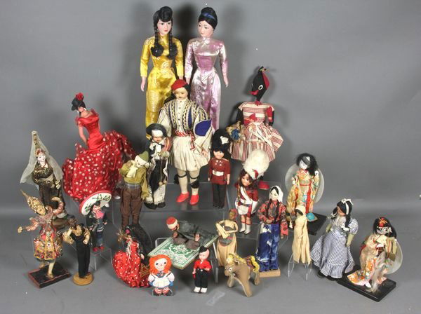 Large Lot of Character Dolls, Various Countries: Large lot of character dolls from various countries. Also included are Raggedy Ann and Andy dolls.