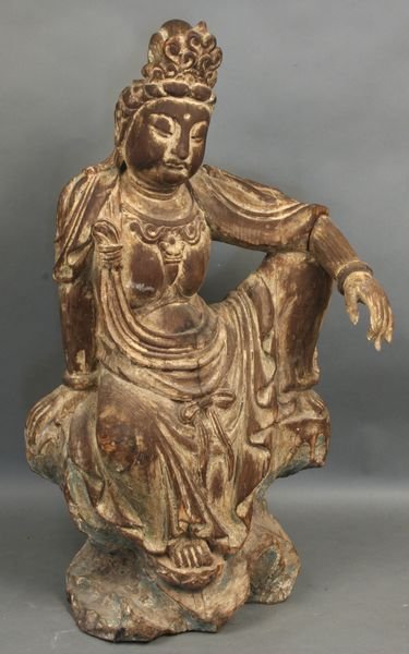 Old Chinese Carved Wood Buddhist Figure: Old Chinese carved wood Buddhist figure, 32"h. x 16"w. Traces of old paint. Good condition.