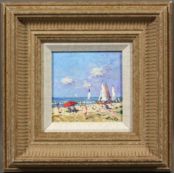 Niek Van der Plas, Beach Scene, oil/panel: Niek Van der Plas (Dutch, b.1954), beach scene, oil on wood panel, signed, 5" x 5", in frame 11" x 11".