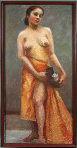 Robert Brackman, Nude Woman w/ Pitcher, o/c: Robert Brackman (American, 1898-1980), portrait of partially nude woman in orange cloak holding a pitcher, o/c, signed verso, 39 1/2" x 20".