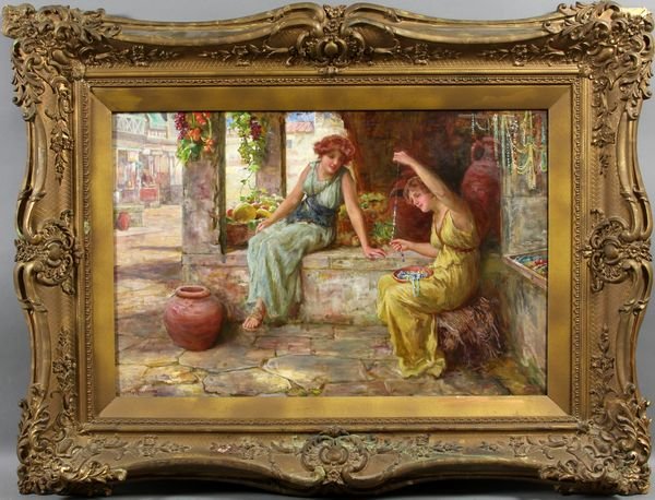 F.S. Muschamp, Young Women w/ Jewelry, o/c: Francis Sydney Muschamp, R.B.A. (British, 1851-1929), two young women examining jewelry, o/c, label verso Lacemakers, 16" x 24" framed. Provenance: From the Estate of Dr. John & Edie Madsen of La Joll