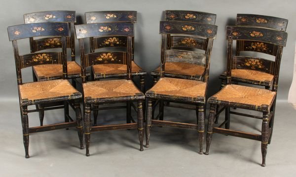 Set of (8) NE Period Sheraton Side Chairs: Set of eight (8) matched New England period Sheraton side chairs, in all original condition, including decoration and rush seats.