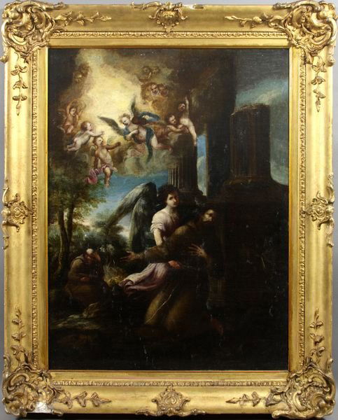 17th C., Circle of Juan de Valdes Leal, o/c: 17th Century, circle of Juan de Valdes Leal (Spanish, 1622-1690), angels appearing, o/c, 25 1/2" x 19", in frame 32" x 26".