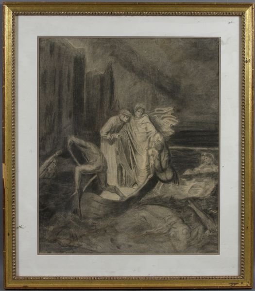 Charcoal Drawing of Dante's Inferno, Unsigned: Charcoal drawing of Dante's Inferno, unsigned, 18" x 15" (sight), in frame 23 3/4" x 20 3/4". Good condition.