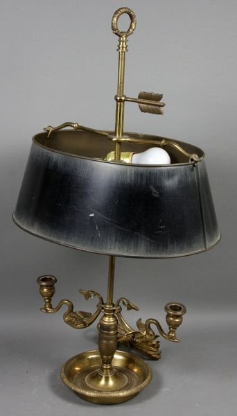 19th C. Brass Bouillotte Lamp with Tole Shade: 19th Century brass bouillotte lamp with tole shade, approx. 25"h., shade 13" across, by 10".