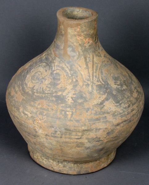 Han Dynasty Unglazed Earthenware Vessel: Han Dynasty (220 B.C - 250 A.D.) unglazed earthenware vessel, 8"h. x 6 1/2"dia. Good condition.