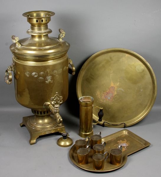 19th C. Russian Brass Samovar w/Trays, Cups: 19th Century Russian brass samovar, large size, having trays and cups, with stamped round seals dated up to 1885 on top and side, Batashev Factories.