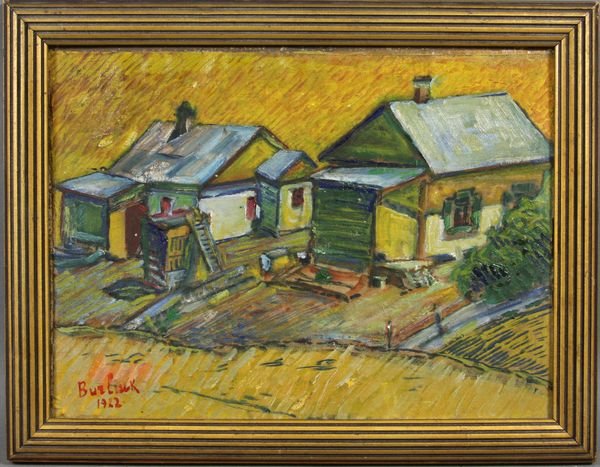 David Burliuk, Landscape, O/Board: David Burliuk (American, 1882-1967), Landscape with houses, o/b, 8 1/2" x 11 1/2" in frame, 10" x 13", signed and dated 1922. Some paintloss lower center.