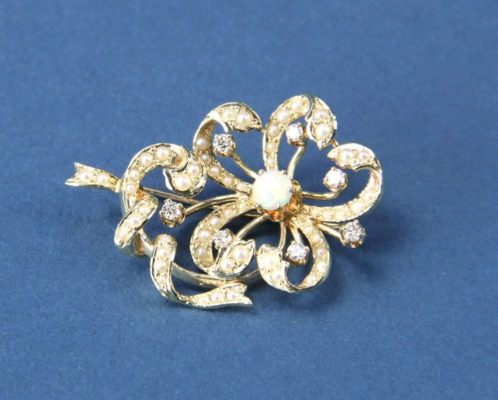 Gold Pendant Pin with Diamonds, Pearl, Opal (1 of 6)