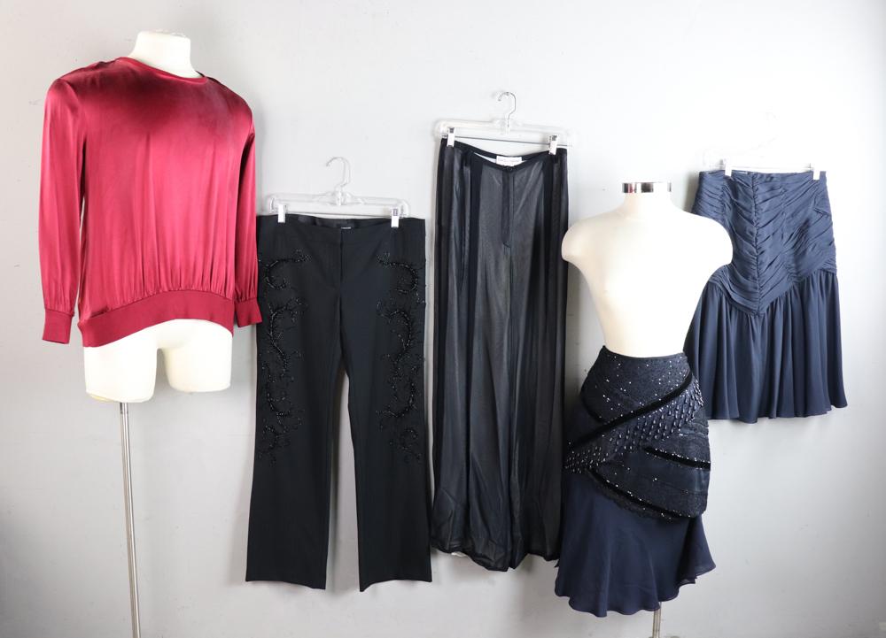 Escada, Dolce & Gabbana Skirts, Pants, and Blouse: Escada, Dolce & Gabbana pieces, to include two skirts, two pairs of black pants, and one maroon silk blouse, size 10/12.