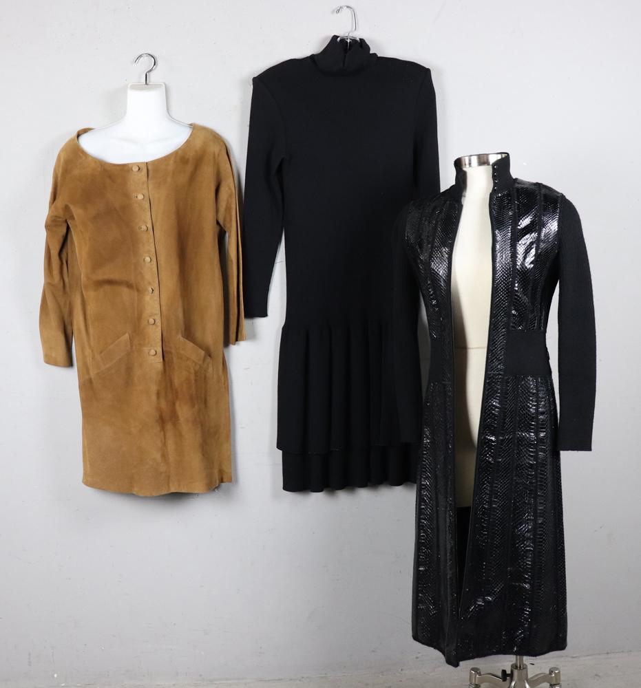 Donna Karan DKNY Dresses: DKNY dresses, including tan suede dress, knit dress with matching snake skin leather, size 10/12.