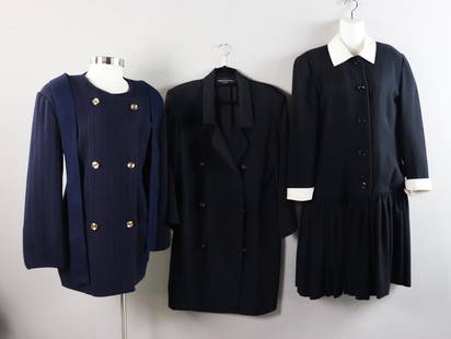 Carolyn Roehm Dress, Knit dress, Pamela Dennis Tuxedo: Carolyn Roehm crepe black dress, navy knit dress, and Pamela Dennis black tuxedo dress, size 10/12.