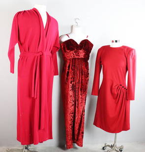 Oscar de la Renta Dress, Carolyn Roehm Velvet, Cashmere: Oscar de la Renta red wool dress, Carolyn Roehm velvet, red cashmere long sweater, size 10/12.