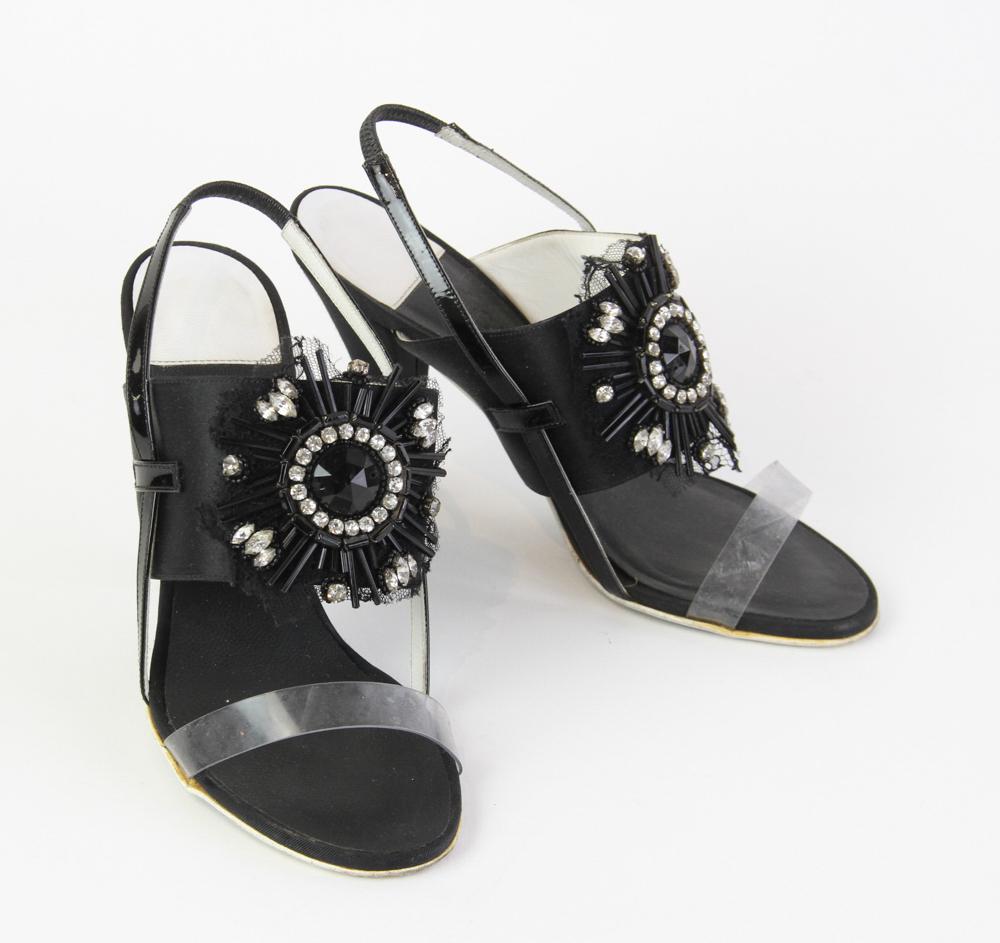 Chanel Black High Heels: Chanel dressy black high heels with rhinestone and lace decorations. Size 37 1/2.